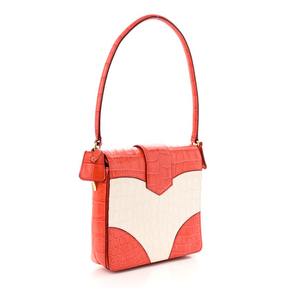Prada Calfskin Crocodile Embossed Turn Lock Satchel Orange White 3 of 13