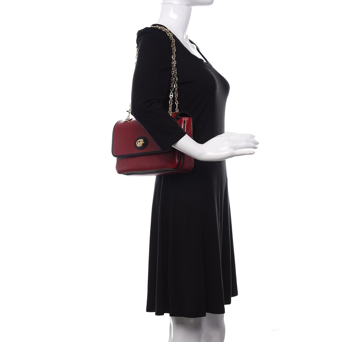 Azalea Calfskin Bi-Color Small Marina Chain Shoulder Bag New Cherry Red Black