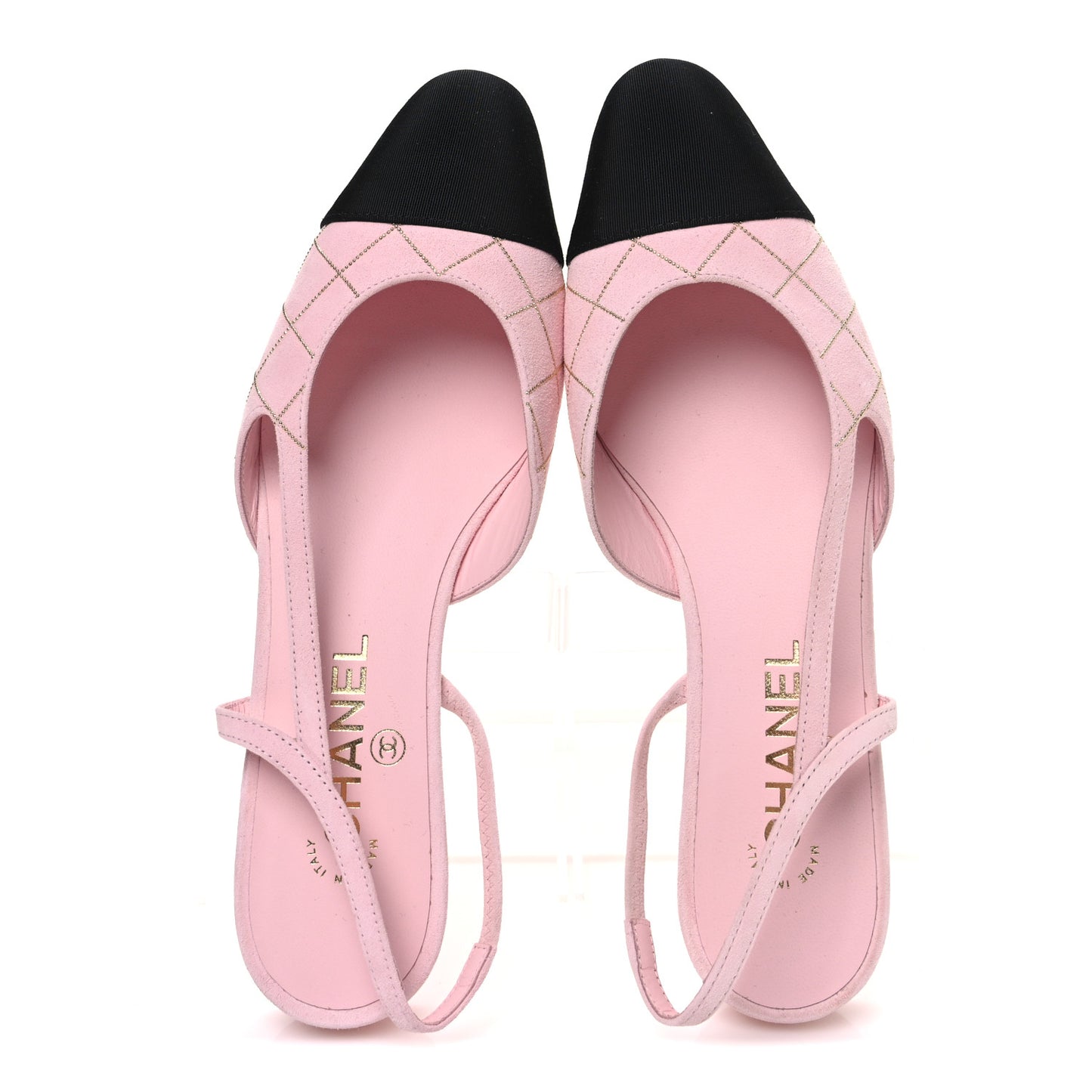 Suede Crystal Grosgrain Cap Toe CC Slingback Flats 39 Pink Gold Black