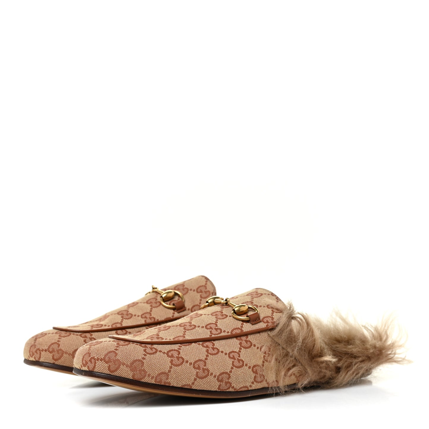 GG Monogram Fur Mens Princetown Slippers 9 Beige Ruggine Rust