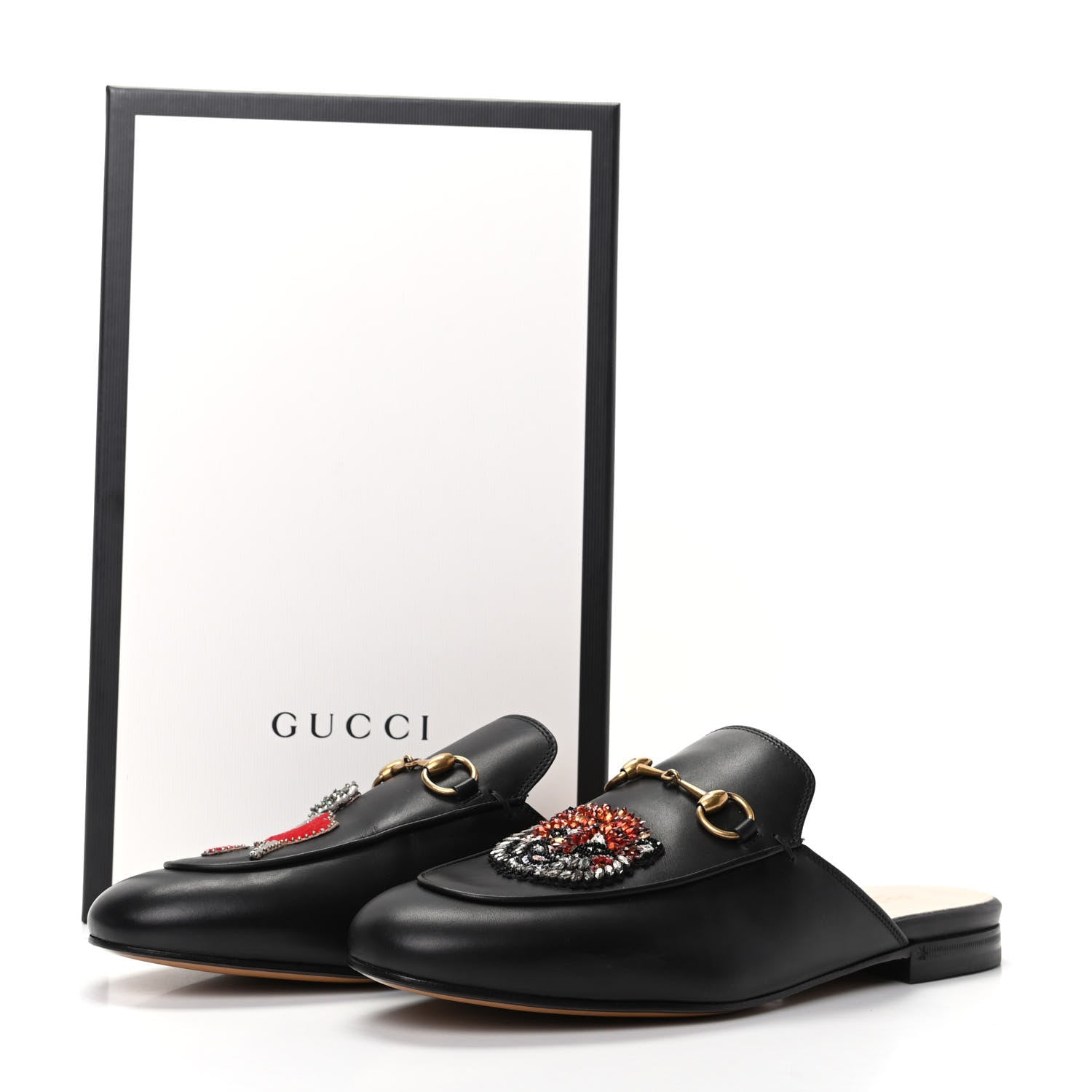 Gucci Calfskin Crystal Tiger Embroidered Princetown Slippers 39 Black 9 of 9