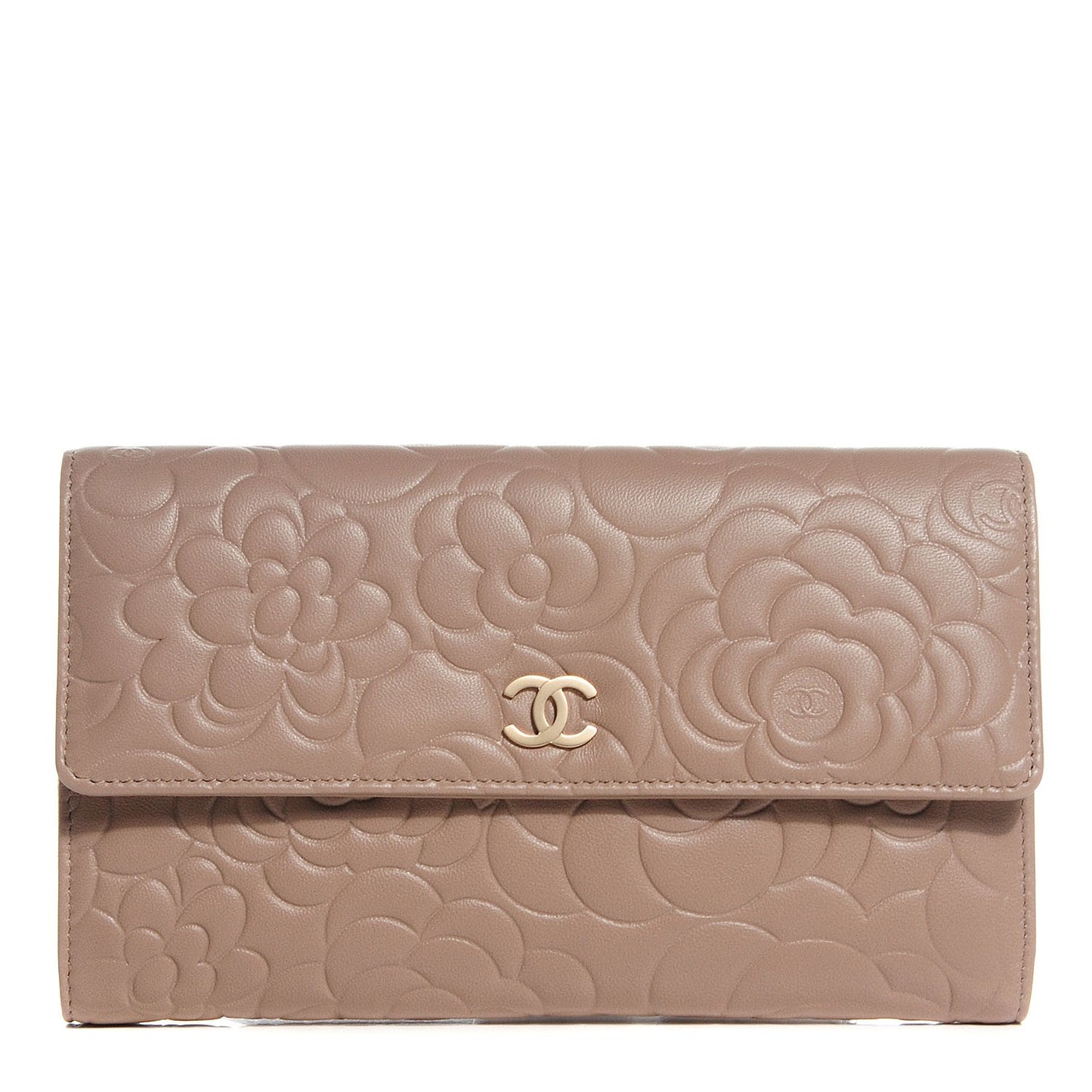 Lambskin Camellia Embossed Large Gusset Flap Wallet Beige
