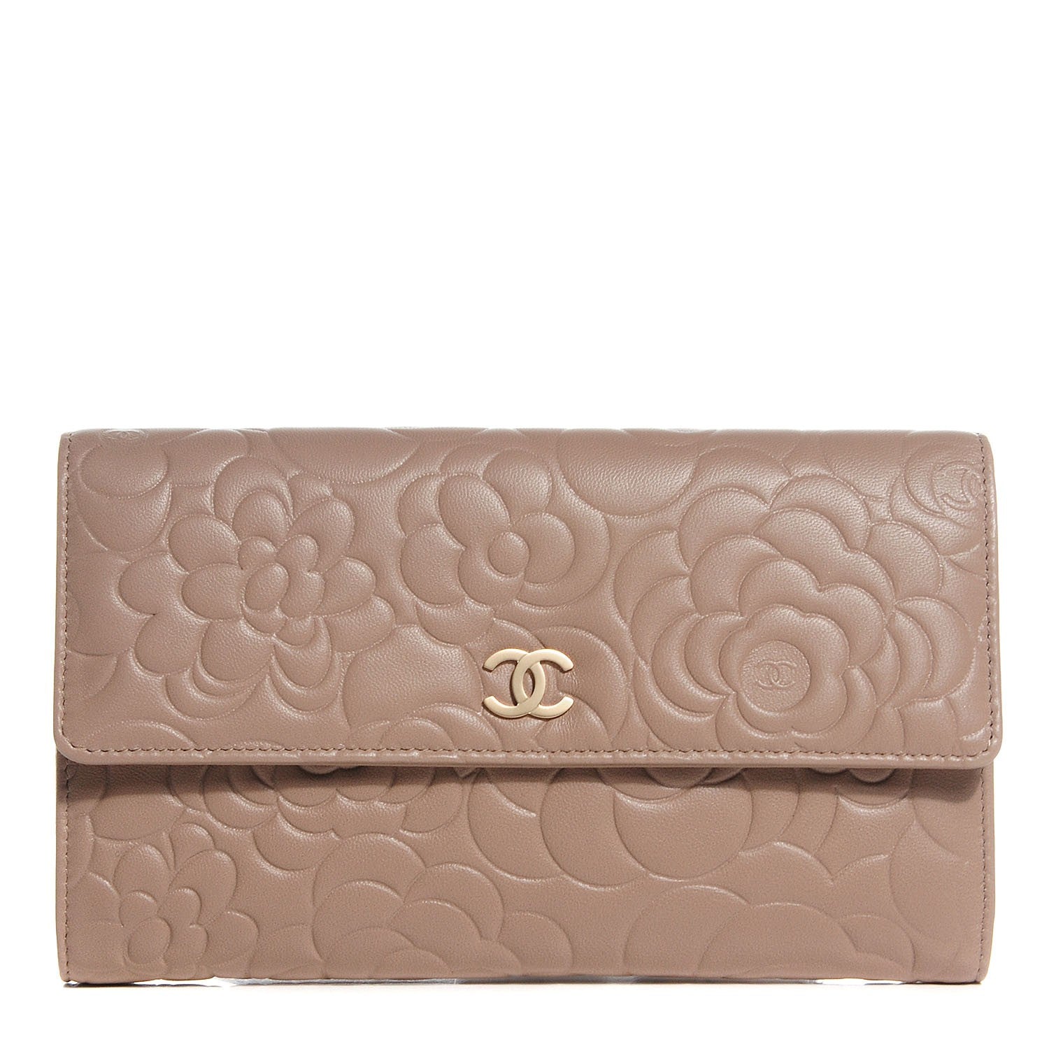 Chanel Lambskin Camellia Embossed Large Gusset Flap Wallet Beige 1 of 8