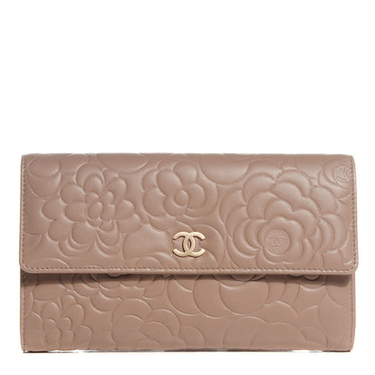 Chanel Lambskin Camellia Embossed Large Gusset Flap Wallet Beige 1 of 8
