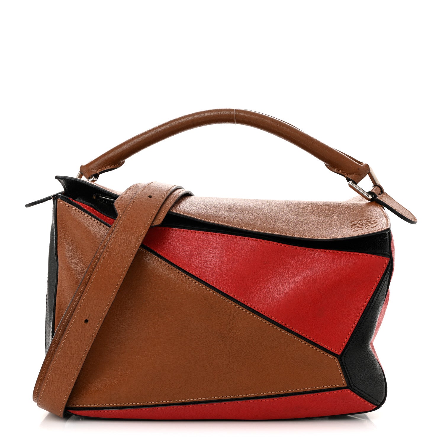 Loewe Calfskin Colorblock Medium Puzzle Bag Tan Red Black 1 of 19