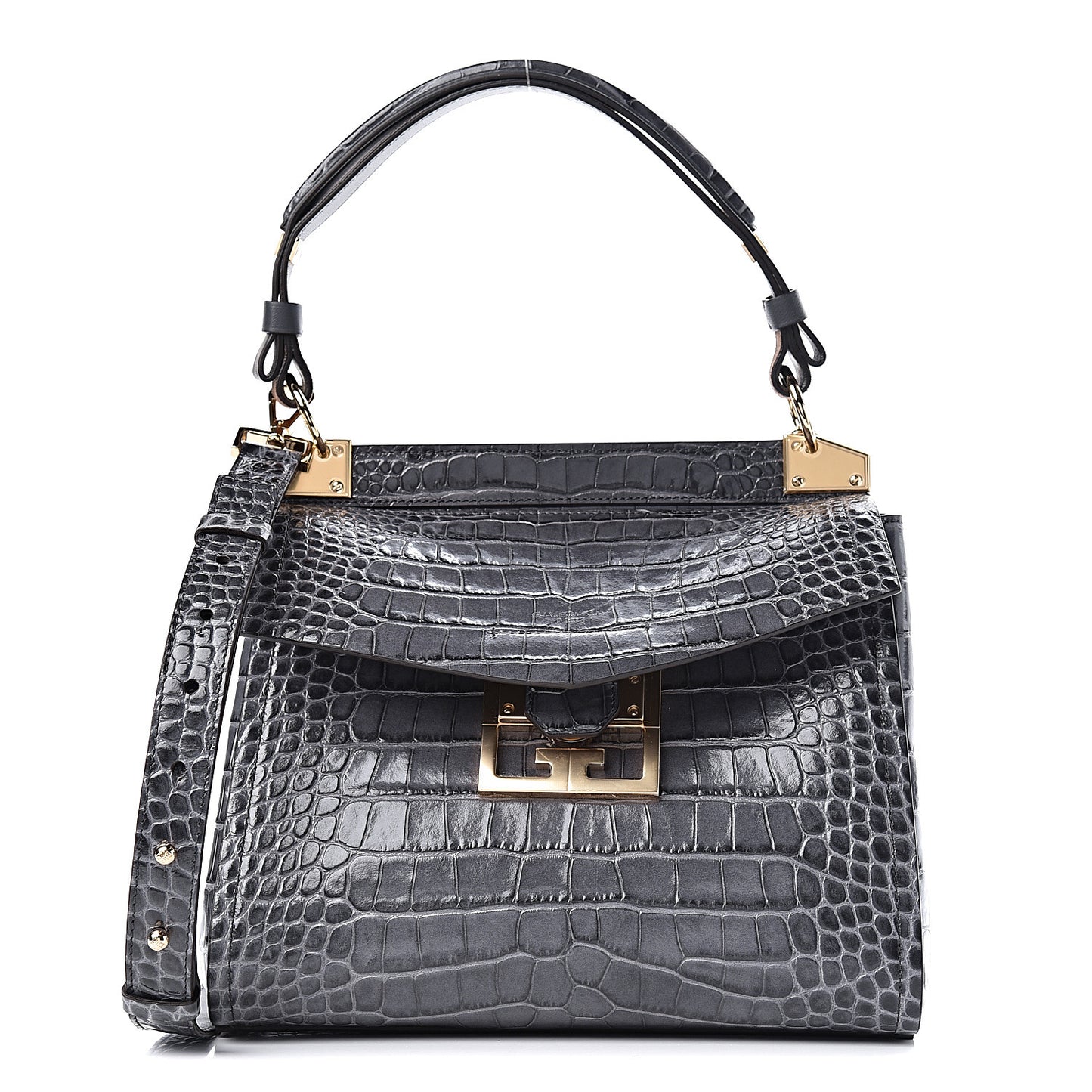 Calfskin Crocodile Embossed Small Mystic Shoulder Bag Storm Grey