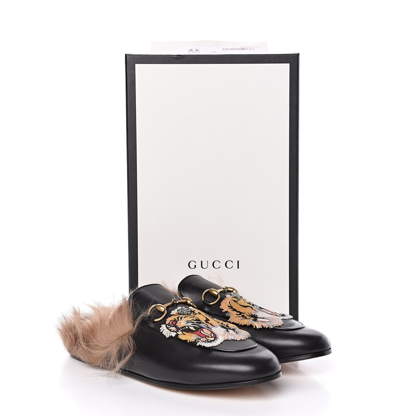 Calfskin Lambswool Tiger Embroidered Womens Princetown Slippers 39.5 Black