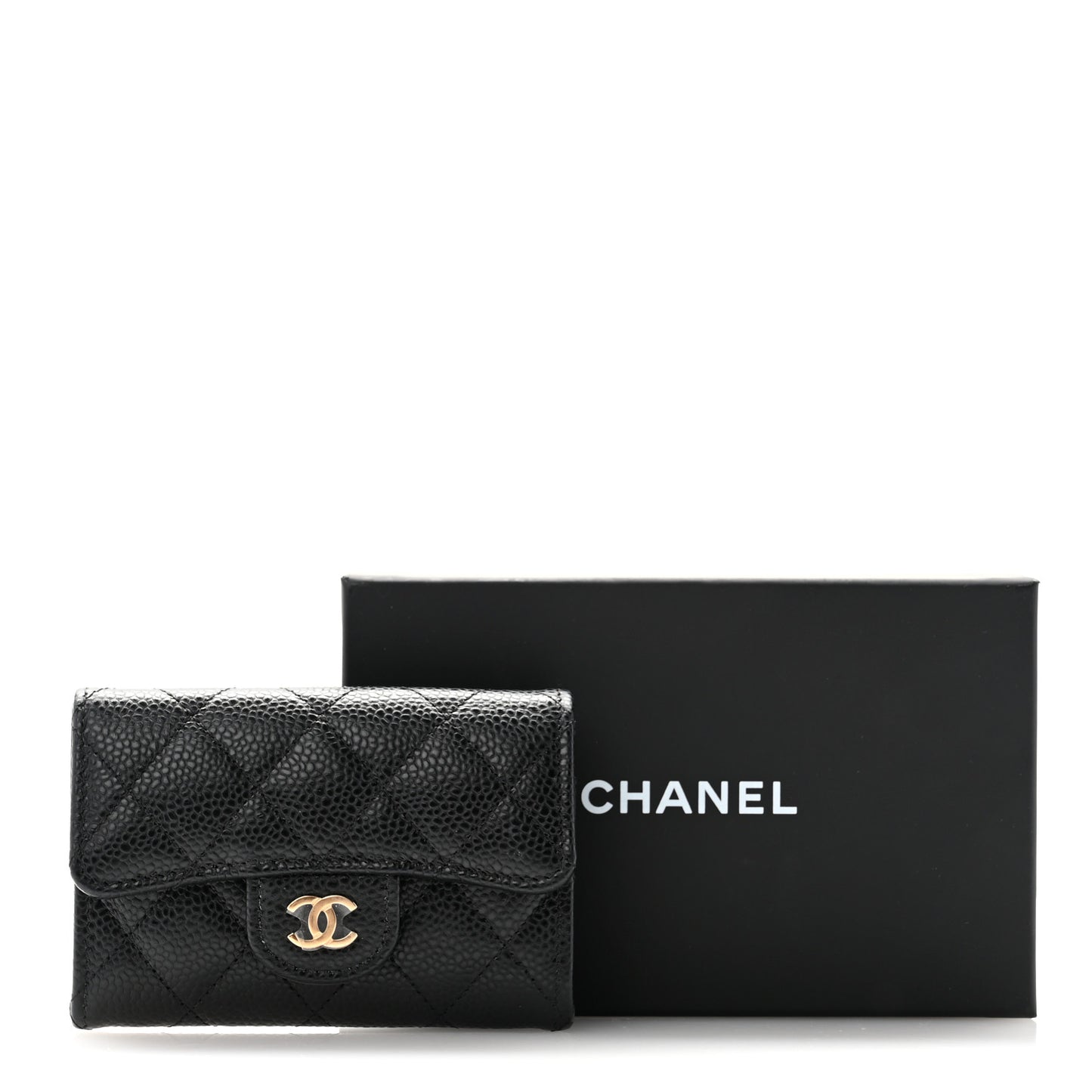 Caviar Quilted Flap Card Holder Wallet Black