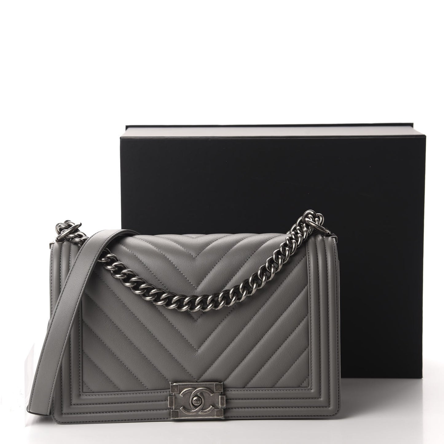 Lambskin Chevron Quilted New Medium Boy Flap Grey