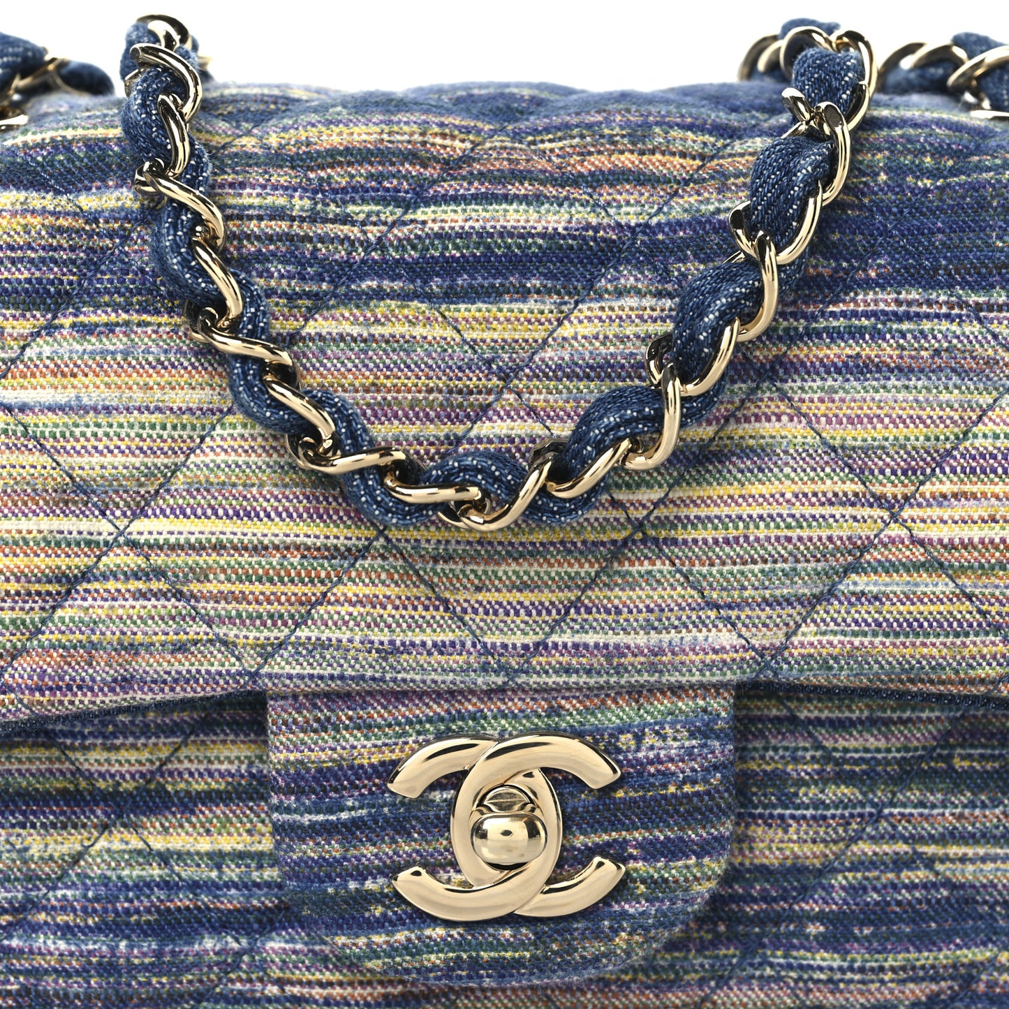 Striated Denim Quilted Classics in Fabrics Mini Rectangular Flap Navy Yellow Purple Green Multicolor