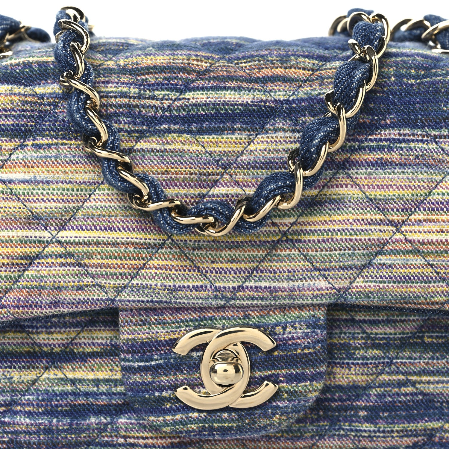 Chanel Striated Denim Quilted Classics in Fabrics Mini Rectangular Flap Navy Yellow Purple Green Multicolor 8 of 10
