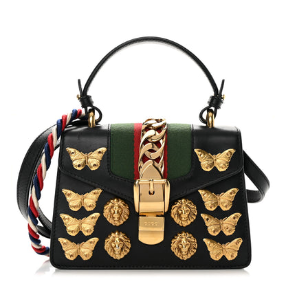 Gucci Calfskin Animal Studs Mini Sylvie Top Handle Bag Black 1 of 20