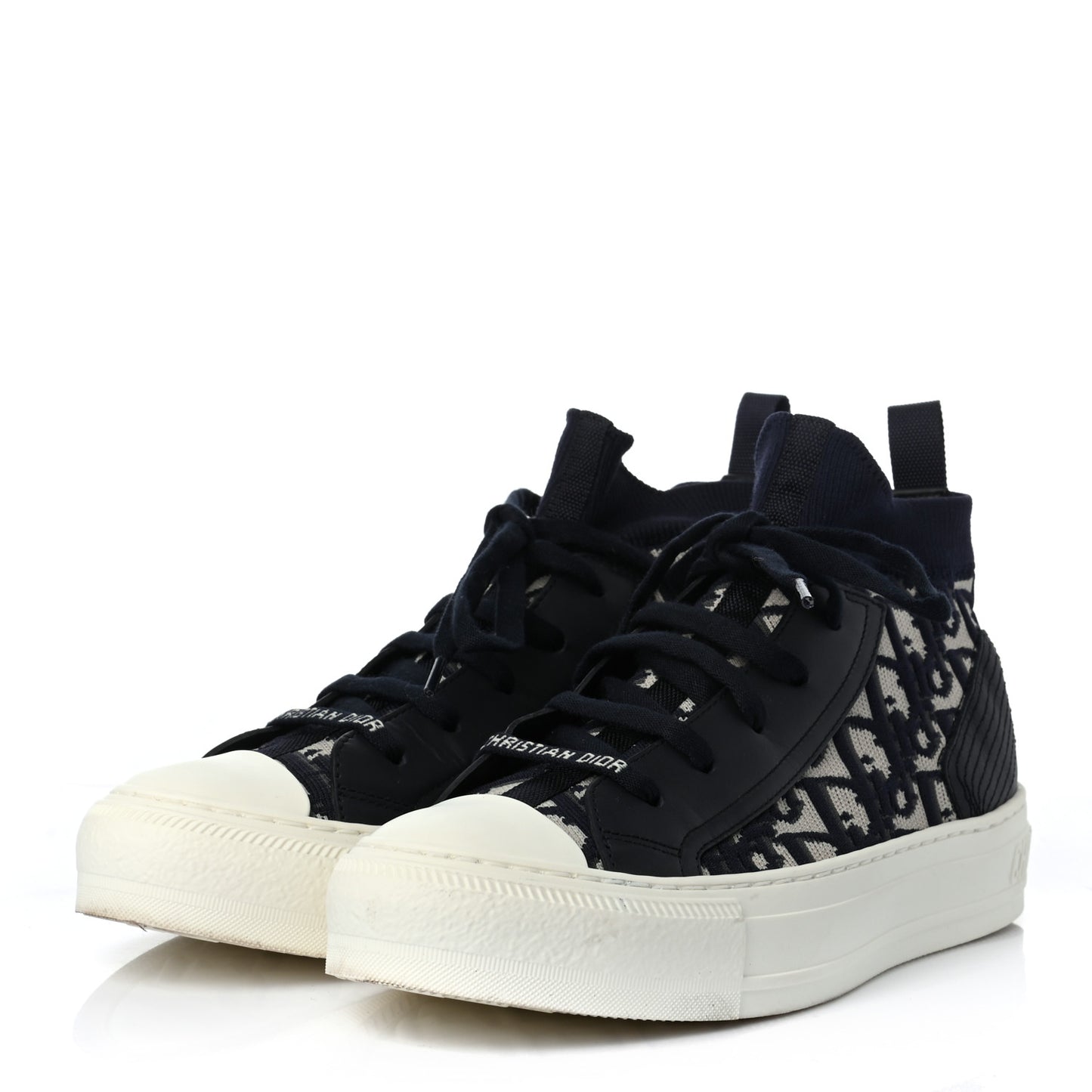 Technical Knit Calfskin Oblique Womens Walk'n Dior Mid Top Sneakers 36 Deep Blue
