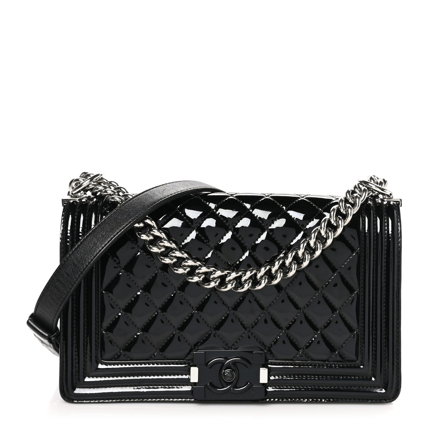 Patent Calfskin Quilted Medium Plexiglass Boy Flap Black