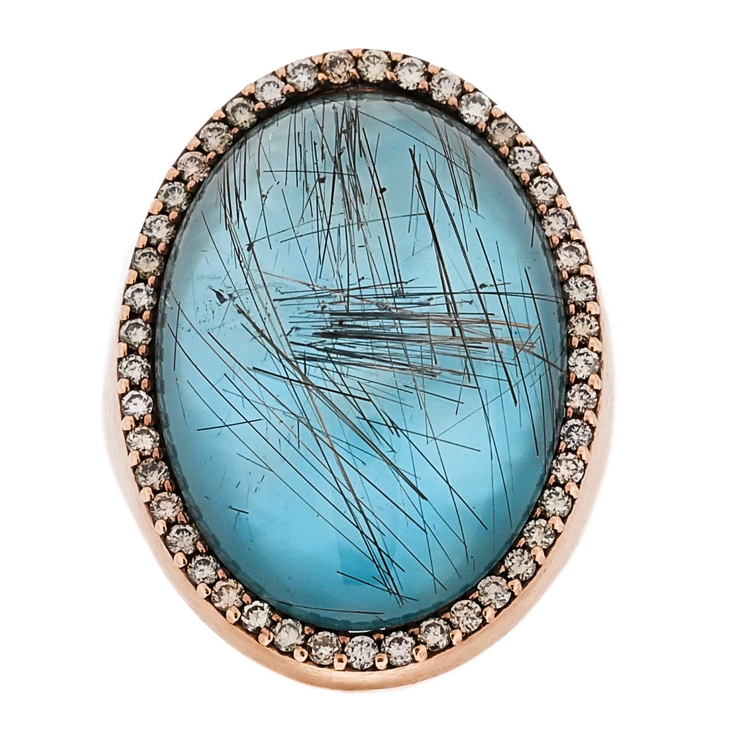18K Rose Gold Brown Diamond Blue Rutilated Quartz Cocktail Ring 53 6.5