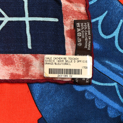 Hermes Cashmere Silk Selle D'Officier Shawl 140 Orange Bleu Corail 5 of 5