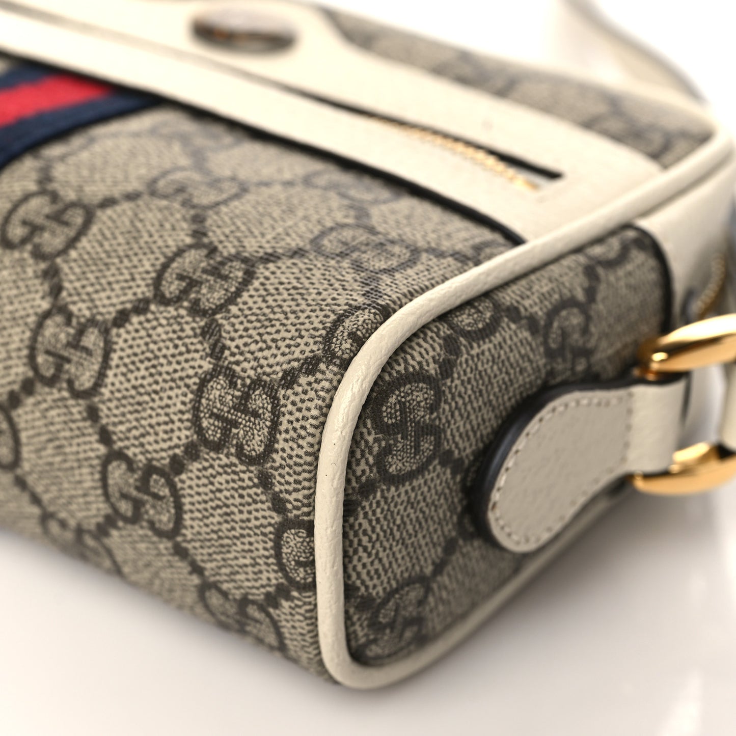 GG Supreme Monogram Textured Calfskin Web Mini Ophidia Shoulder Bag Beige Ebony Mystic White