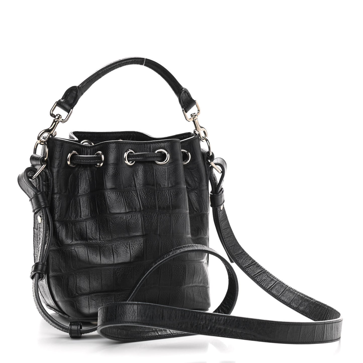 Calfskin Crocodile Embossed Small Emmanuelle Bucket Bag Black