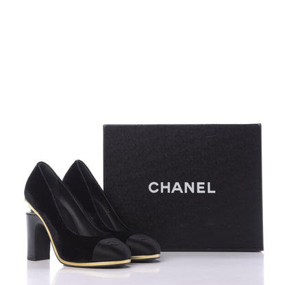 Chanel Velvet Satin Cap Toe Pearl Pumps 38 Black 15 of 15