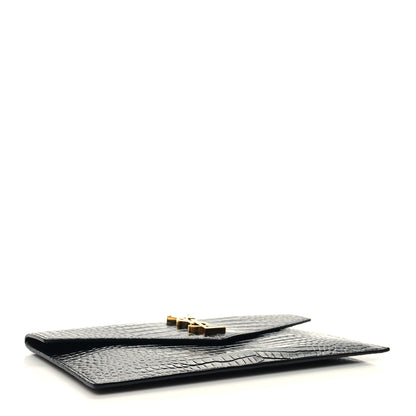 Saint Laurent Calfskin Crocodile Embossed Uptown Monogram Pouch Black 4 of 10