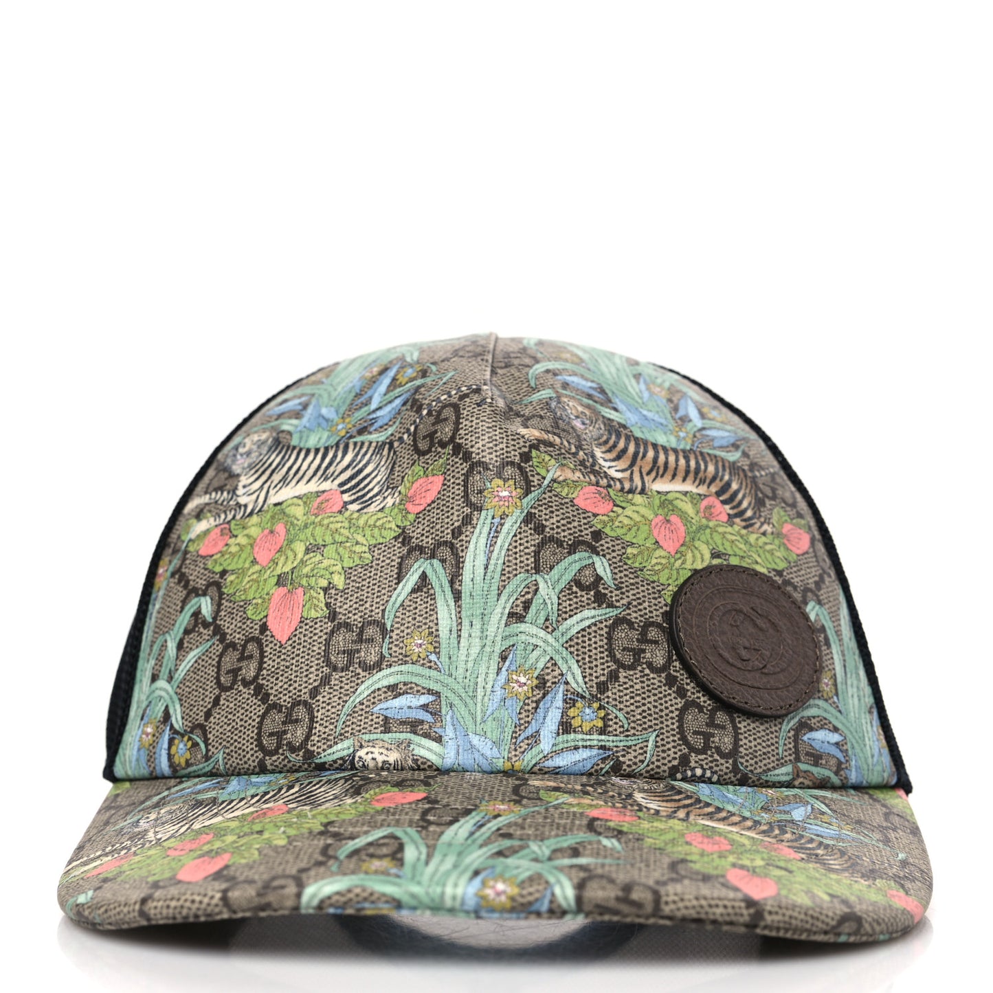 GG Supreme Monogram Tiger Savanah Textured Dollar Calfskin Retro Interlocking G Mesh Baseball Hat S Beige Ebony Multicolor