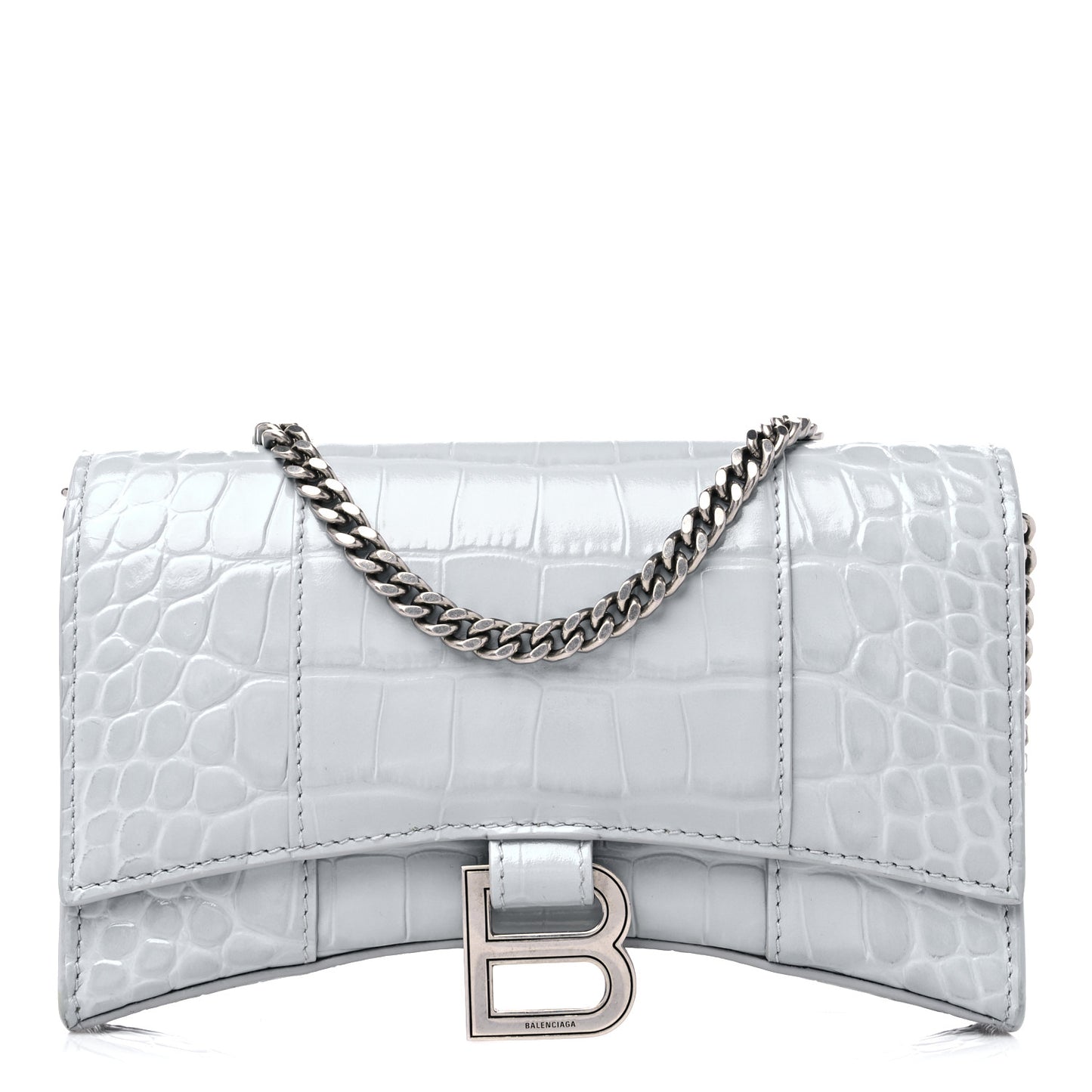 Shiny Calfskin Crocodile Embossed Hourglass Chain Bag Ash Blue