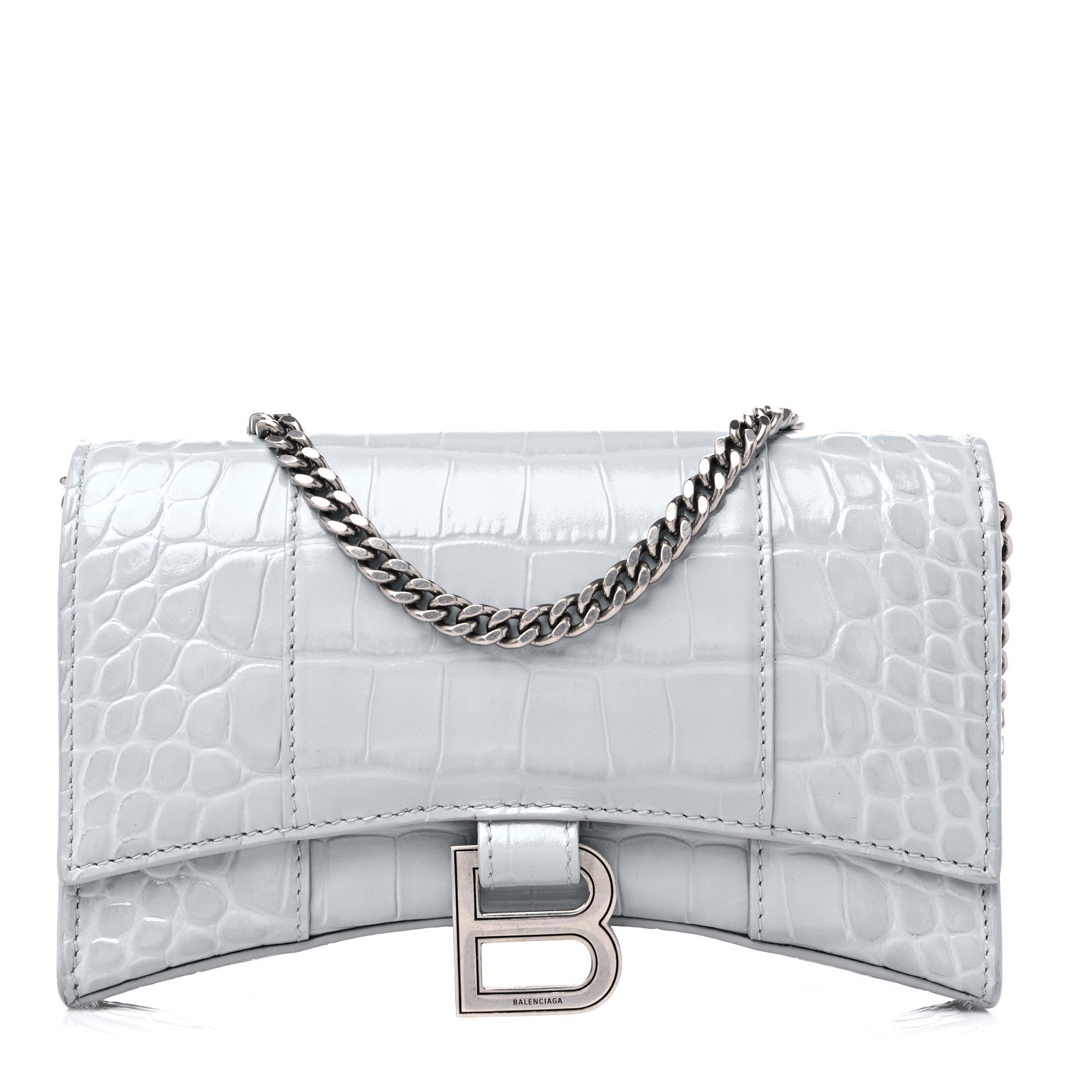 Balenciaga Shiny Calfskin Crocodile Embossed Hourglass Chain Bag Ash Blue 1 of 10
