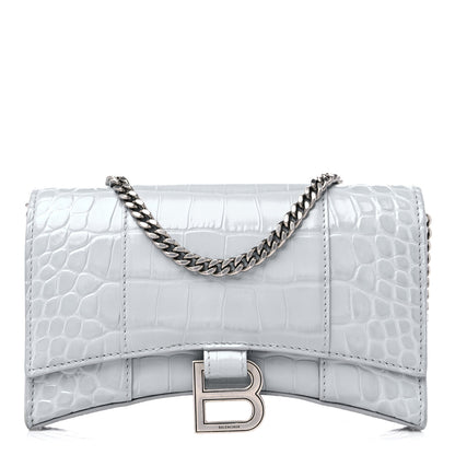 Balenciaga Shiny Calfskin Crocodile Embossed Hourglass Chain Bag Ash Blue 1 of 10