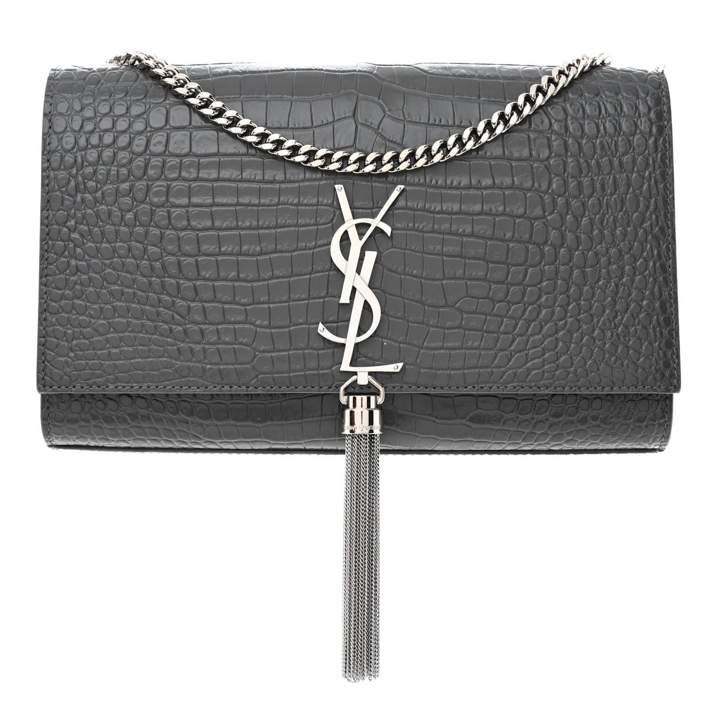 Calfskin Crocodile Embossed Medium Classic Monogram Kate Tassel Satchel Storm