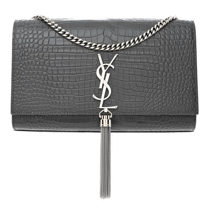 Saint Laurent Calfskin Crocodile Embossed Medium Classic Monogram Kate Tassel Satchel Storm 1 of 11