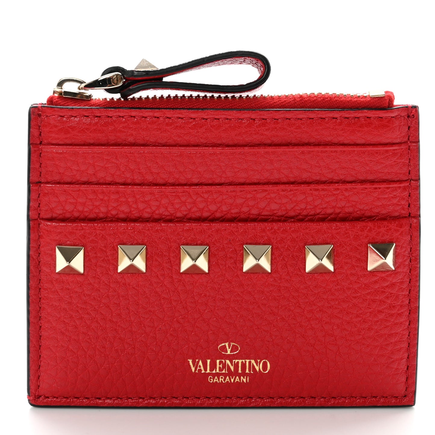 Pebbled Calfskin Rockstud Card Holder With Zipper Rouge Pur