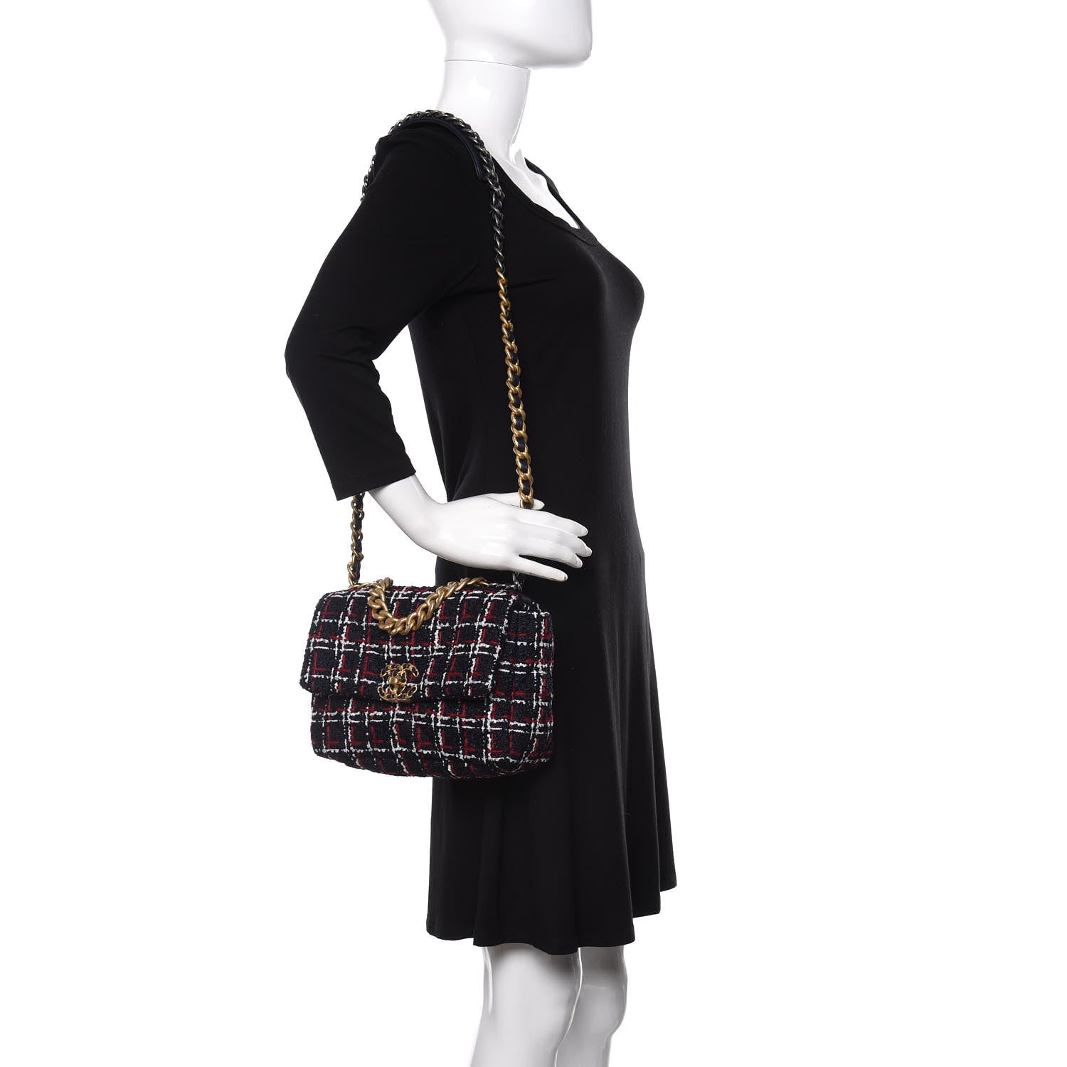 Chanel Tweed Quilted Medium Chanel 19 Flap Navy Blue White Red 2 of 11