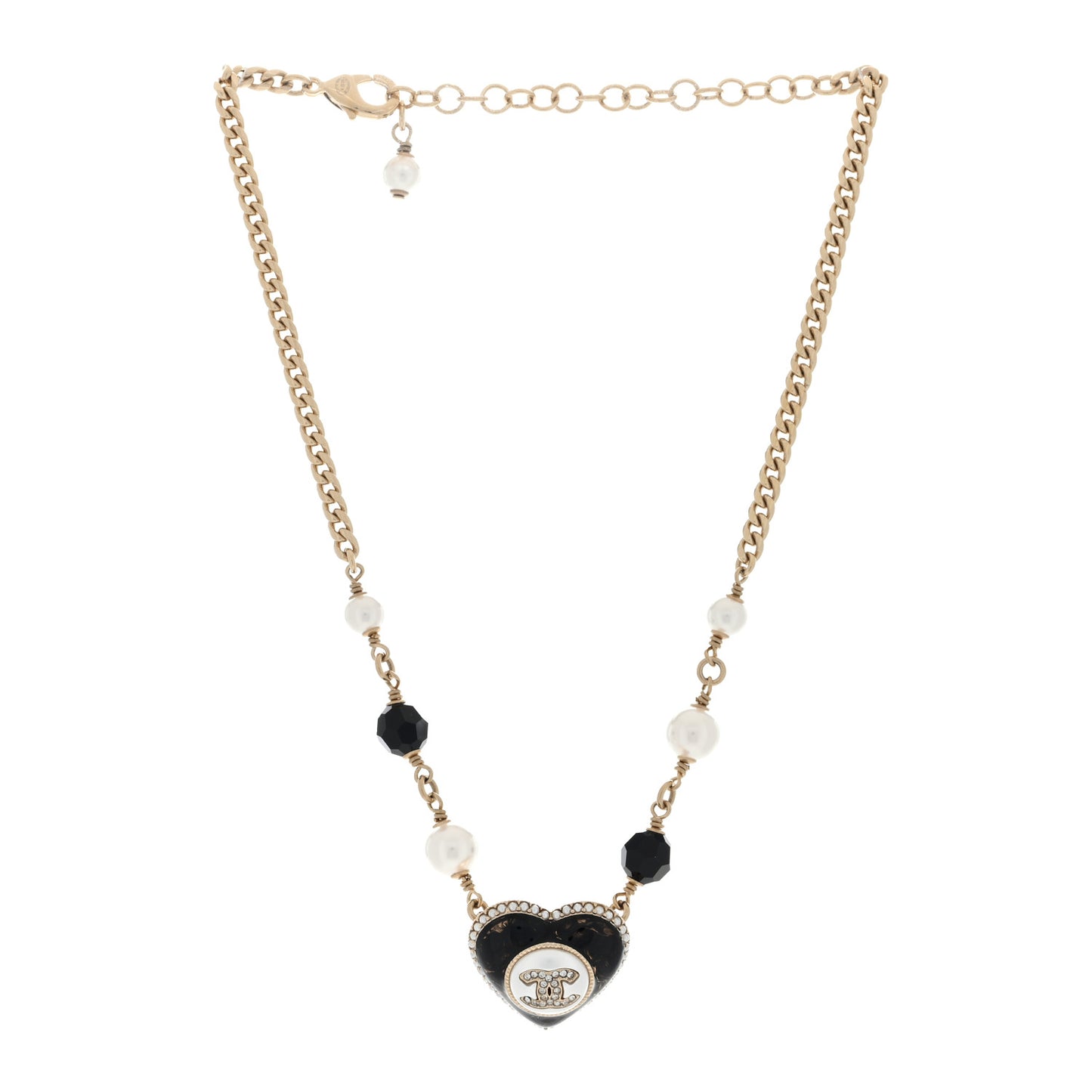 Pearl Beaded Resin Crystal CC Heart Choker Necklace Black Gold
