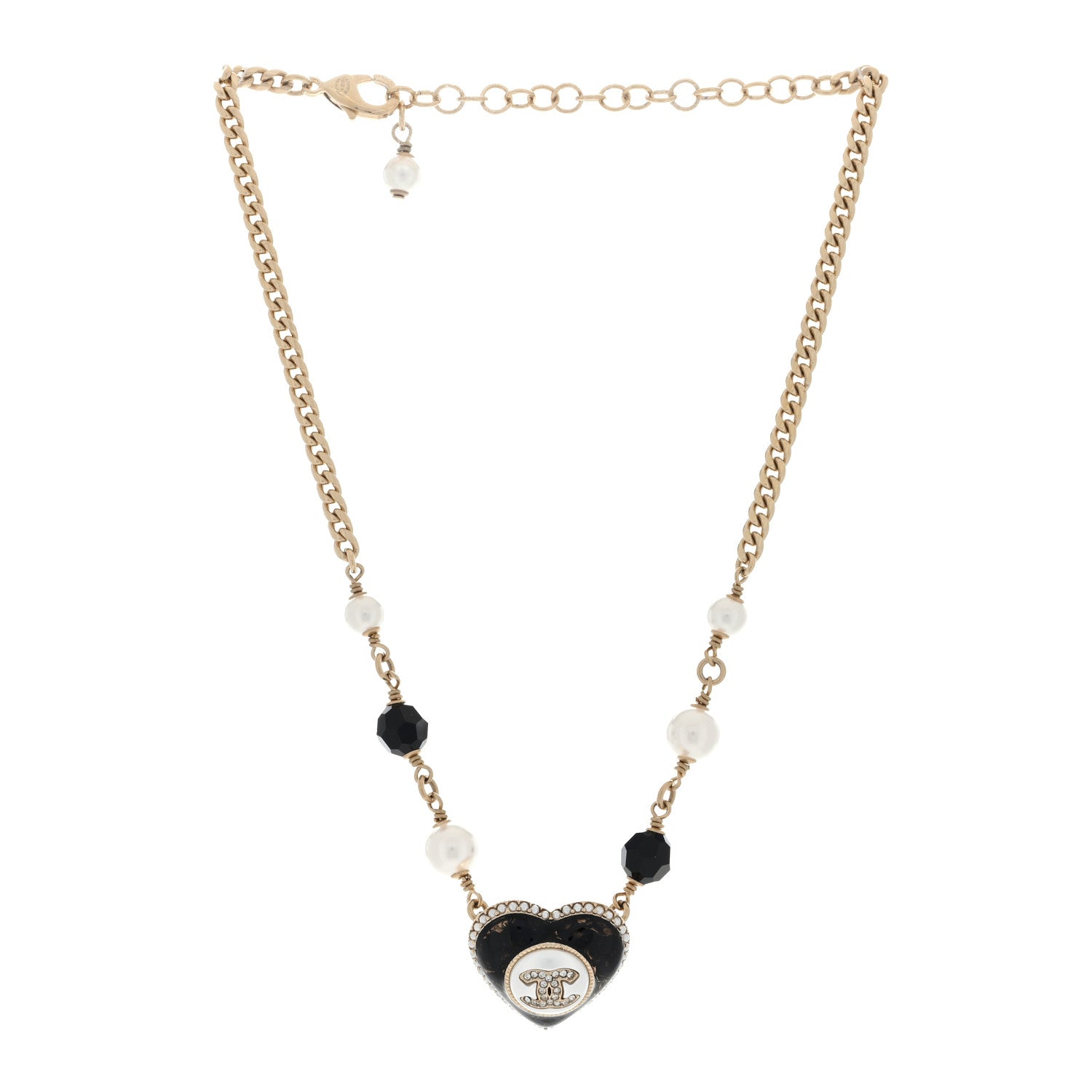 Chanel Pearl Beaded Resin Crystal CC Heart Choker Necklace Black Gold 2 of 3