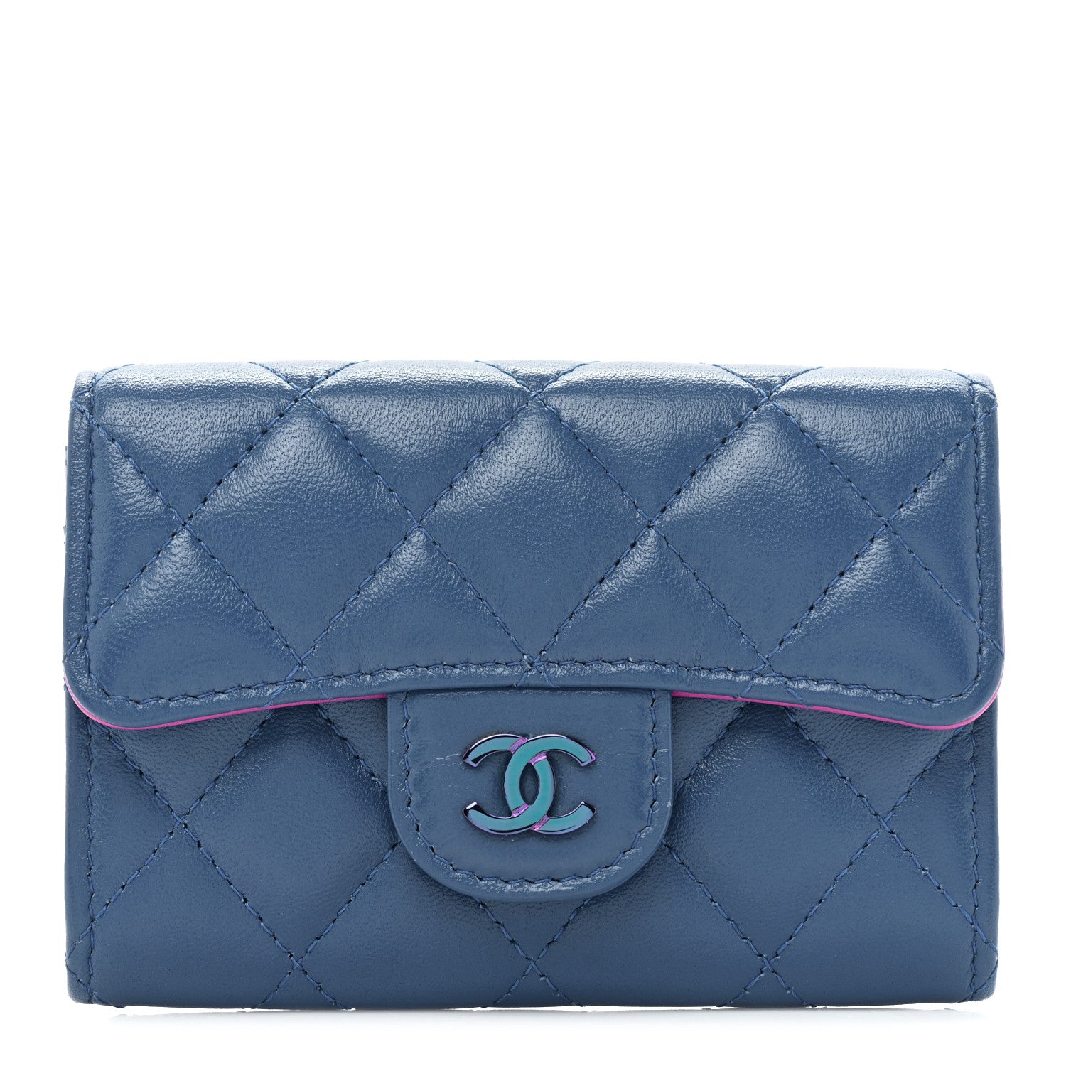 Chanel Lambskin Quilted Flap Card Holder Wallet Blue Pink 1 of 12
