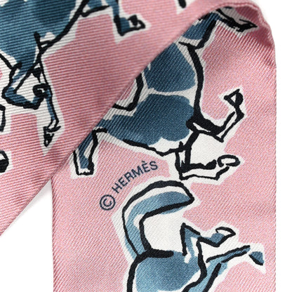 Hermes Silk Chevaux En Liberte Twilly Vieux Rose Bleu 4 of 4