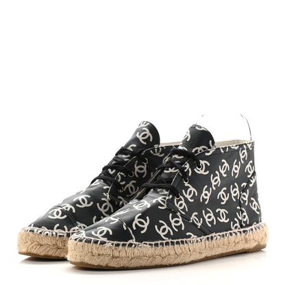 Chanel Lambskin Printed CC Lace Up Espadrilles 38 Black White 3 of 15