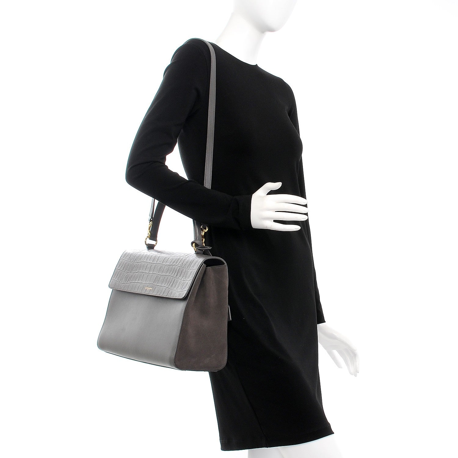 Saint Laurent Calfskin Crocodile Embossed Medium Moujik Top Handle Bag Fog 2 of 11
