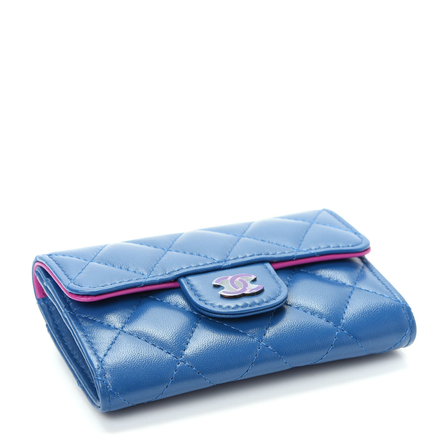 Chanel Lambskin Quilted Flap Card Holder Wallet Blue Pink 4 of 9