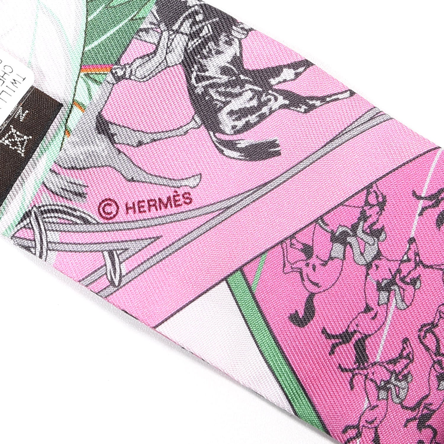 Hermes Silk Cheval Phoenix Twilly Fuchsia Vert Rose 3 of 4