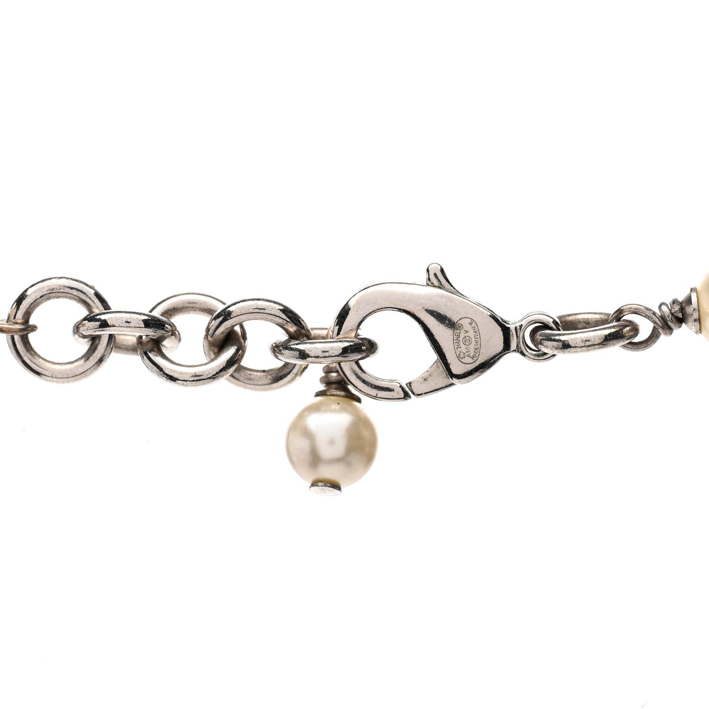 Graduated Pearl Crystal CC Long Necklace Silver