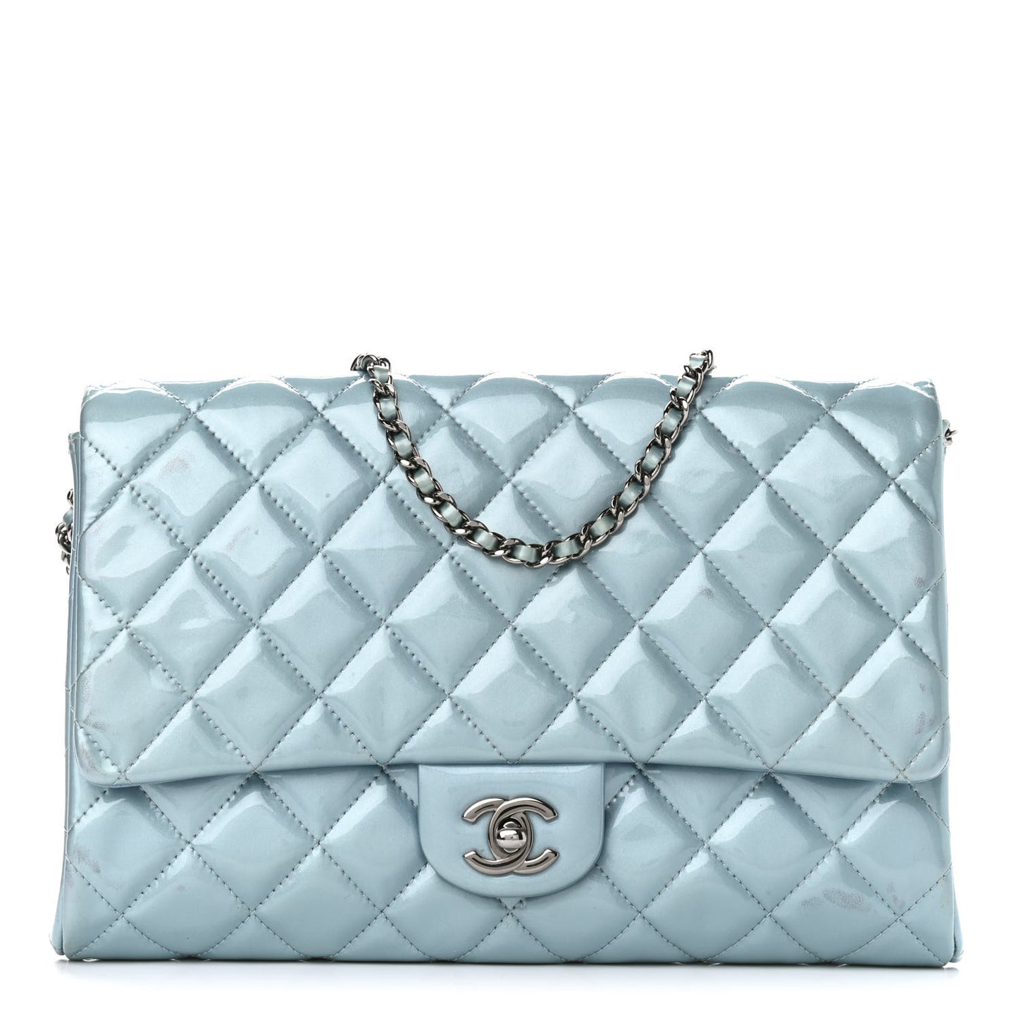 Patent Quilted Clutch With Chain Flap Blue