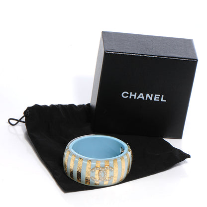 Chanel Resin Striped Pearl CC Cuff Light Blue Gold 6 of 6