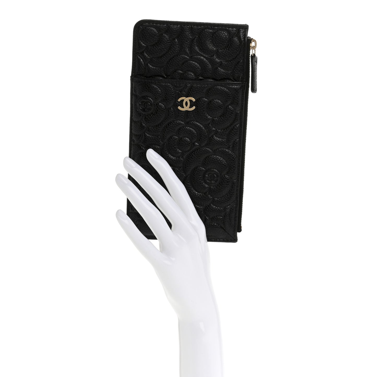 Caviar Camellia Embossed Classic Flat Wallet Pouch Black