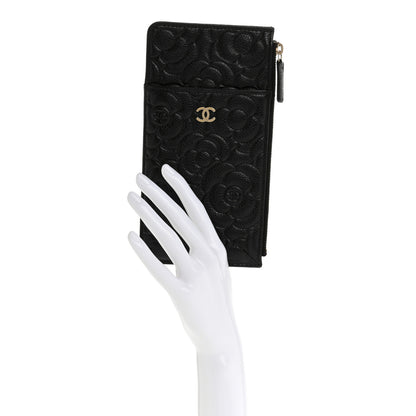 Chanel Caviar Camellia Embossed Classic Flat Wallet Pouch Black 2 of 12