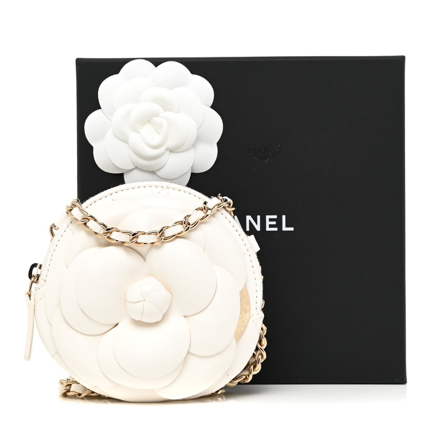 Lambskin Mini Camellia Bouquet Clutch With Chain White
