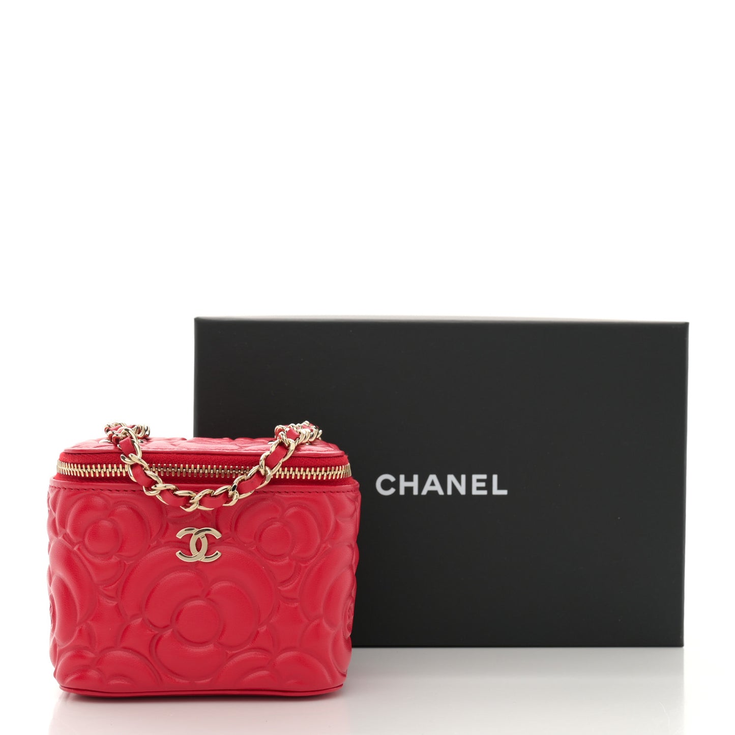 Lambskin Camellia Embossed Mini Vanity Case With Chain Red