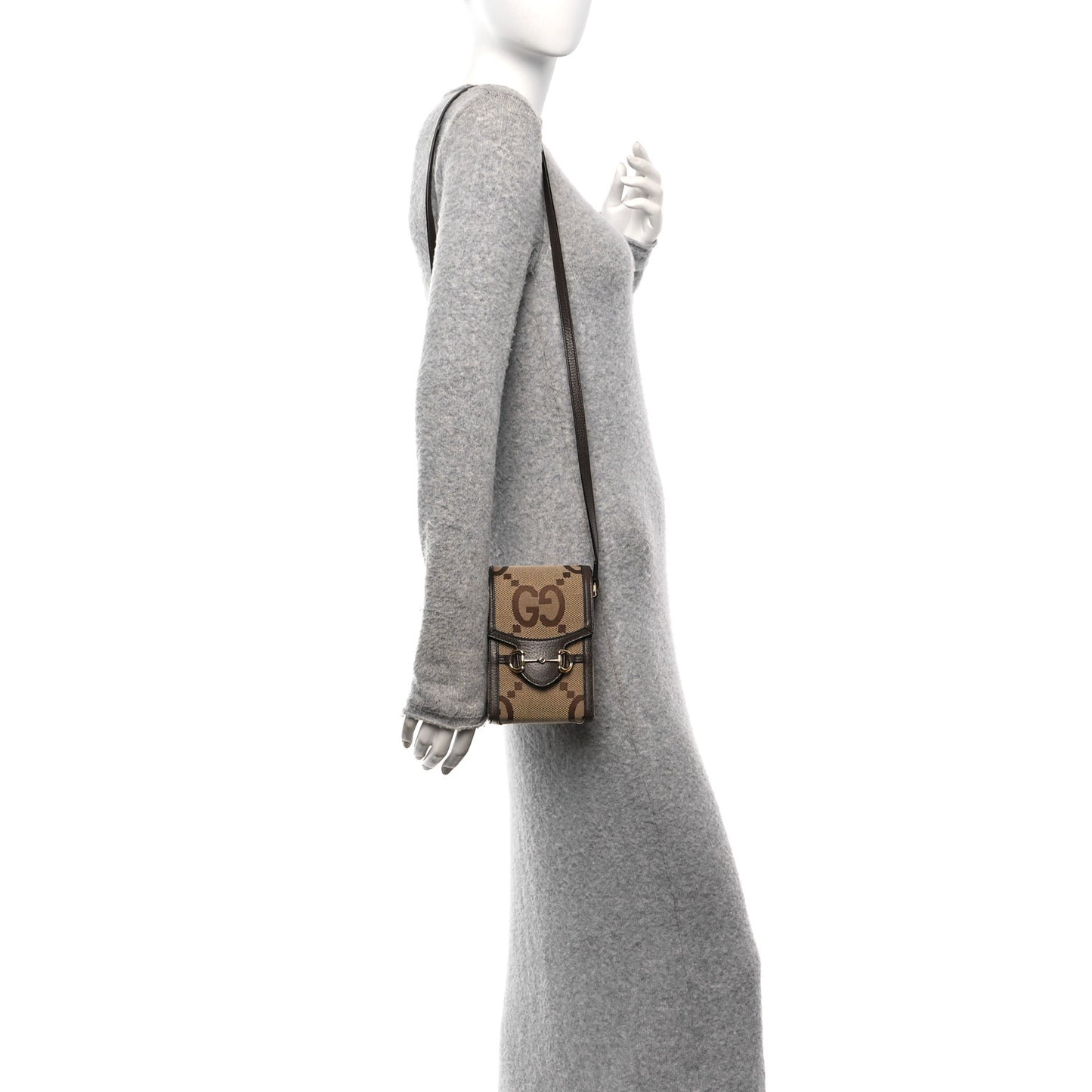 Monogram Jumbo GG Textured Dollar Calfskin Mini Horsebit 1955 Crossbody Bag Camel Ebony New Acero