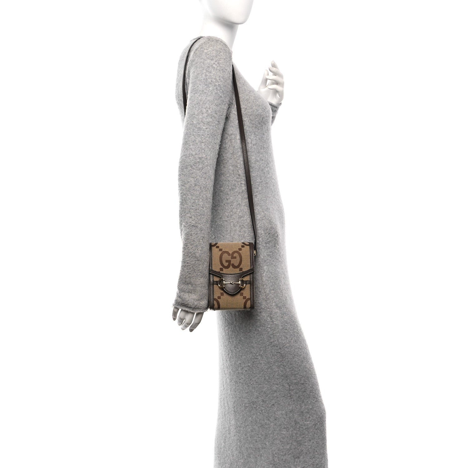 Gucci Monogram Jumbo GG Textured Dollar Calfskin Mini Horsebit 1955 Crossbody Bag Camel Ebony New Acero 2 of 11