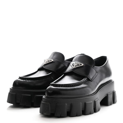 Prada Spazzolato Triangle Logo Monolith Pointy 55mm Loafers 38 Black 3 of 7